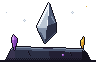 Pixel art illustration: a whole crystal shard floats above a wide rock, between a sliver of amethyst and one of gold.