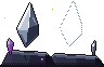 Ilustração em pixel art: dois cristais sobre uma rocha, um inteiro e outro só em contorno.