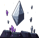Ilustração em pixel art: um grande cristal flutua sobre uma rocha, num céu noturno com estrelas.