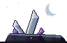 Ilustração em pixel art: cristais sobre uma rocha, sob a lua crescente.
