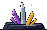 Ilustração em pixel art: cristais de ametista, de gelo e de ouro crescem juntos de uma rocha.